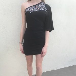 embellished off the shoulder cocktail dress